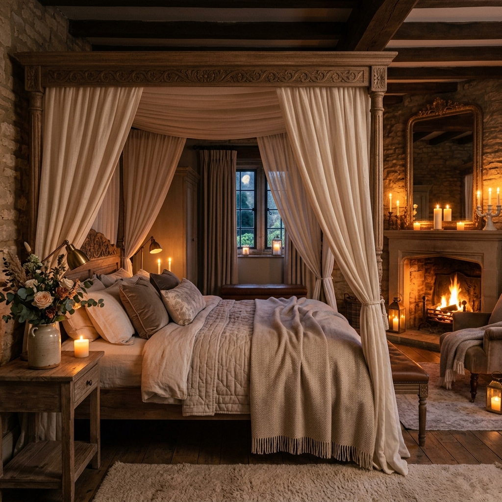 Romantic cozy boutique bedroom with ambient warm lighting and soft bedding
