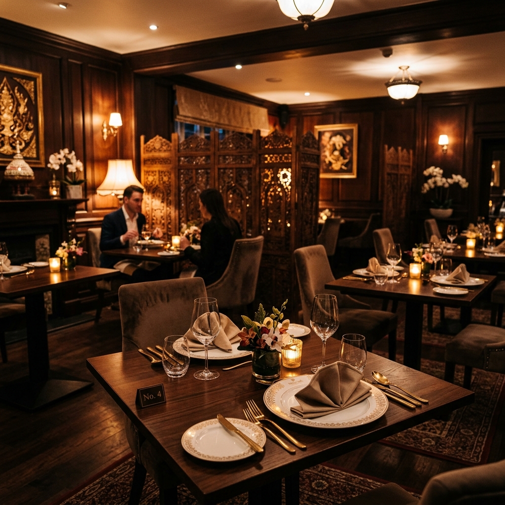 Warm ambient lighting inside The Old Mill dining room and restaurant in Whitchurch