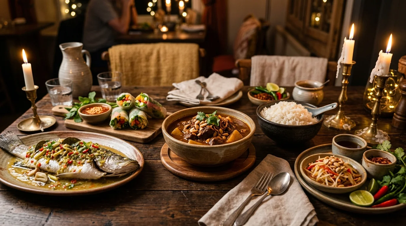 Authentic Thai feast with Royal Massaman curry, steamed sea bass with lemongrass and fresh appetizers in Whitchurch